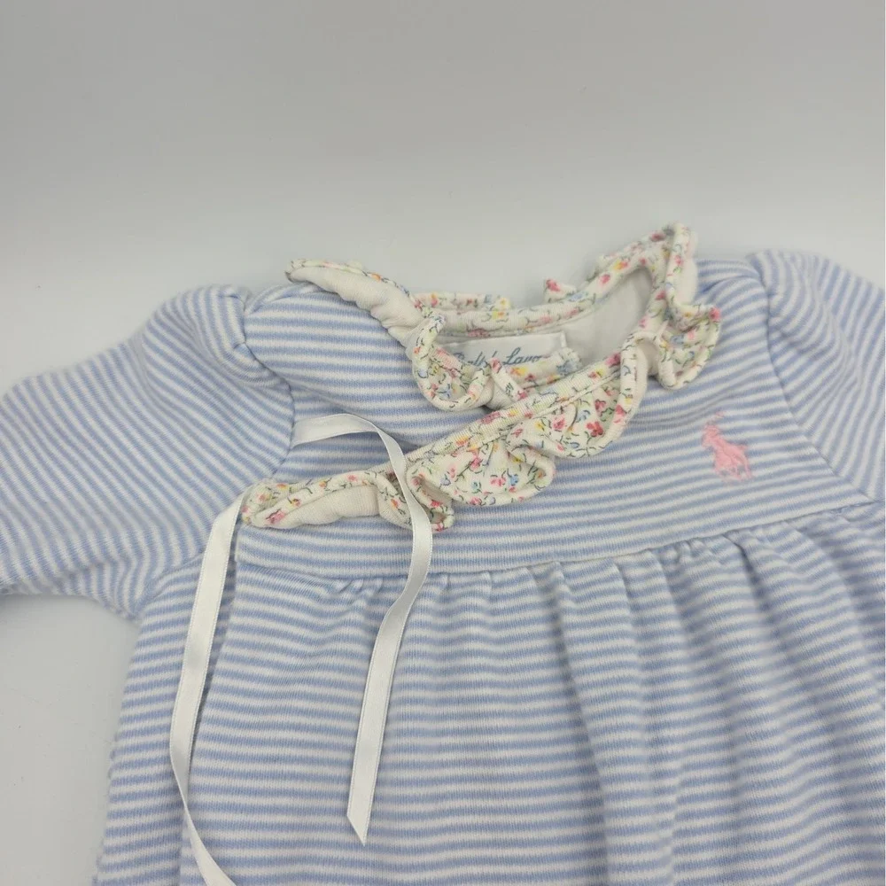 Ralph Lauren Baby Girls Floral Romper Blue/White Striped Long Sleeve 3 Month